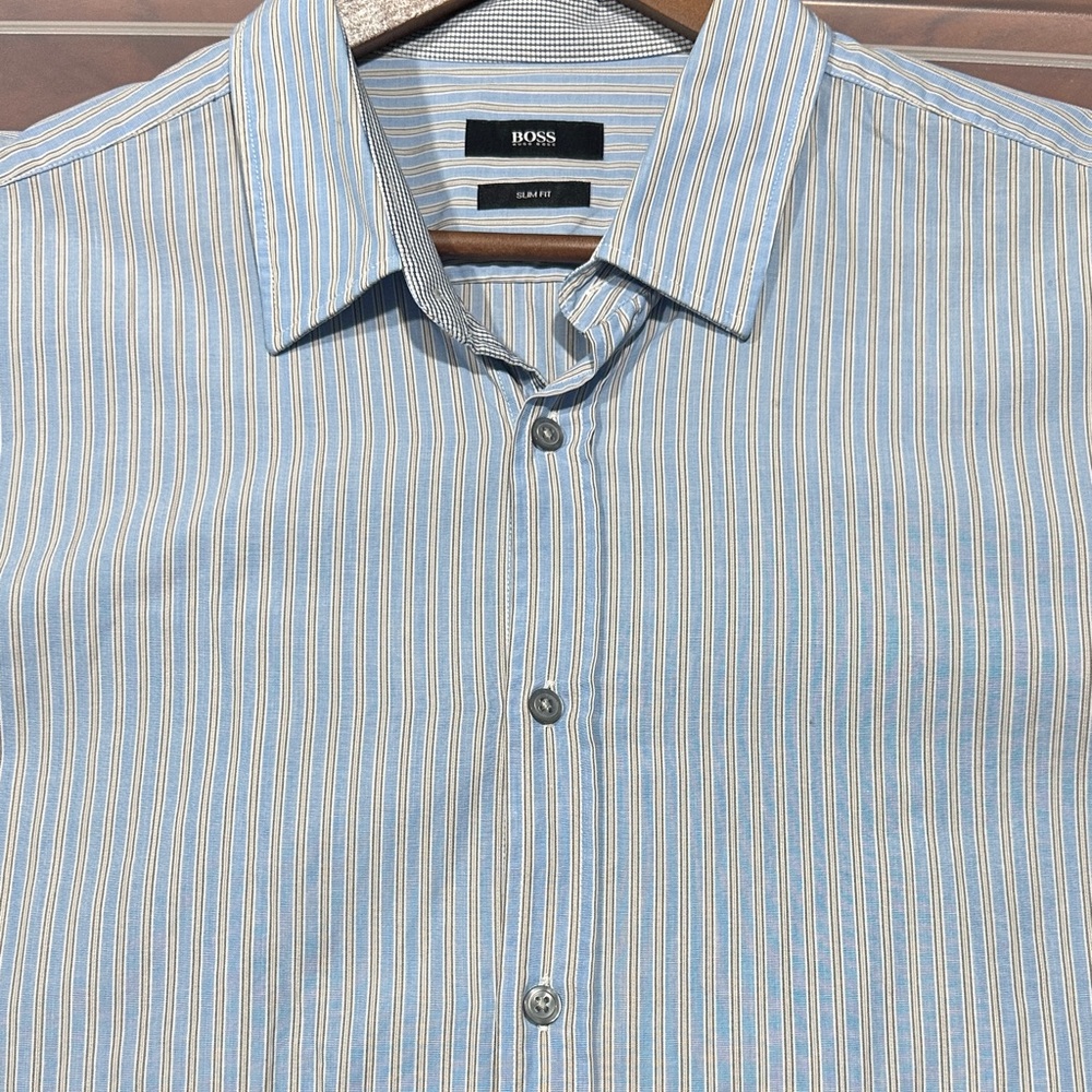 BOSS Hugo Boss Men Blue Striped Button Down Shirt Slim Fit Size XXL‎